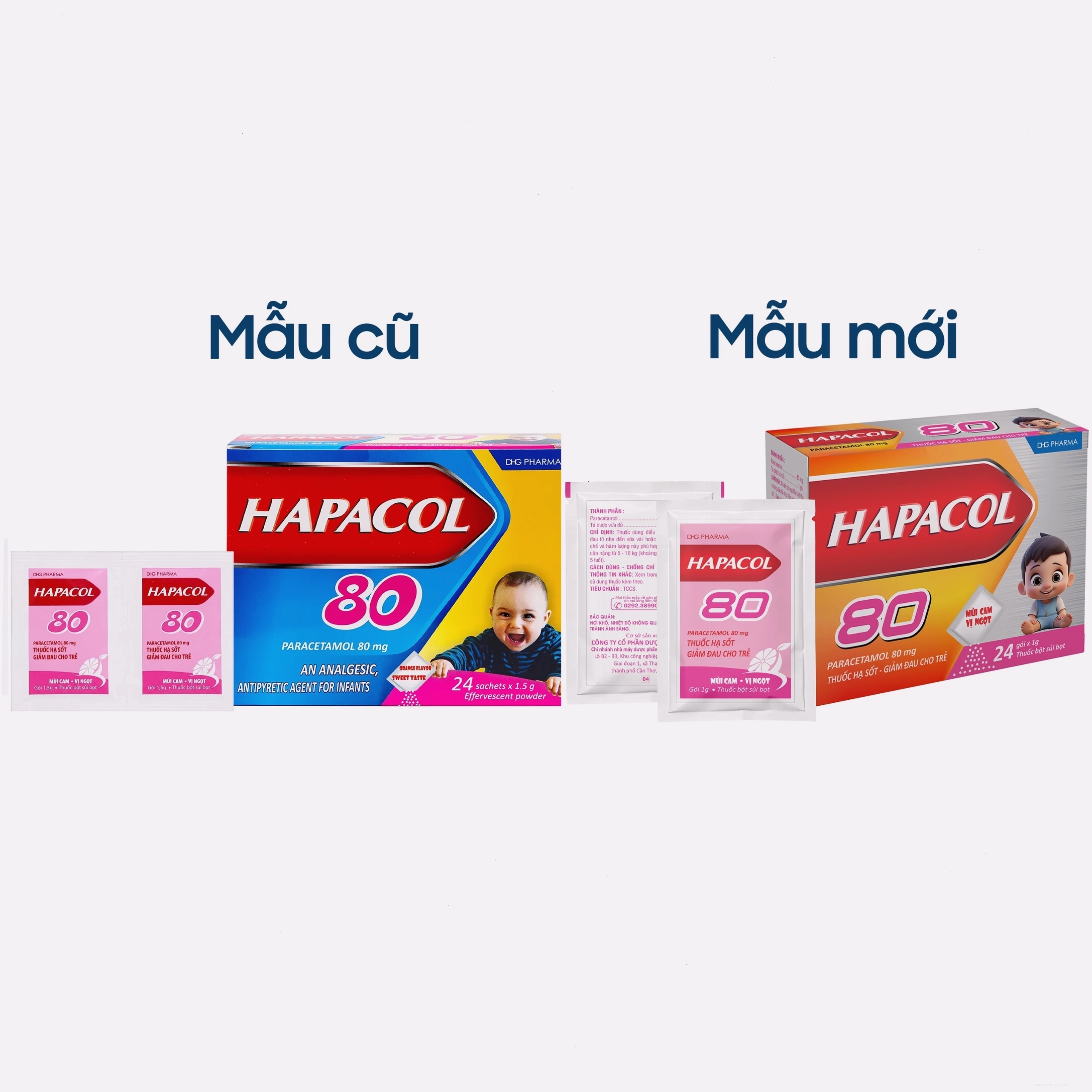 Bao bì hộp thuốc Hapacol 80mg DHG dạng gói, sản phẩm hỗ trợ giảm đau và hạ sốt hiệu quả