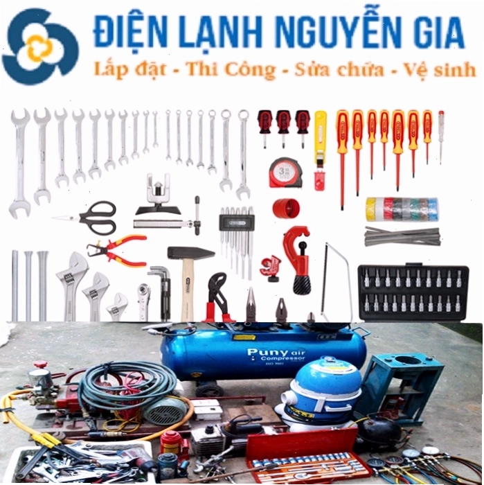 Bộ dụng cụ chuyên dụng của thợ điện lạnh Nguyễn Gia hỗ trợ quá trình tháo lắp máy lạnh
