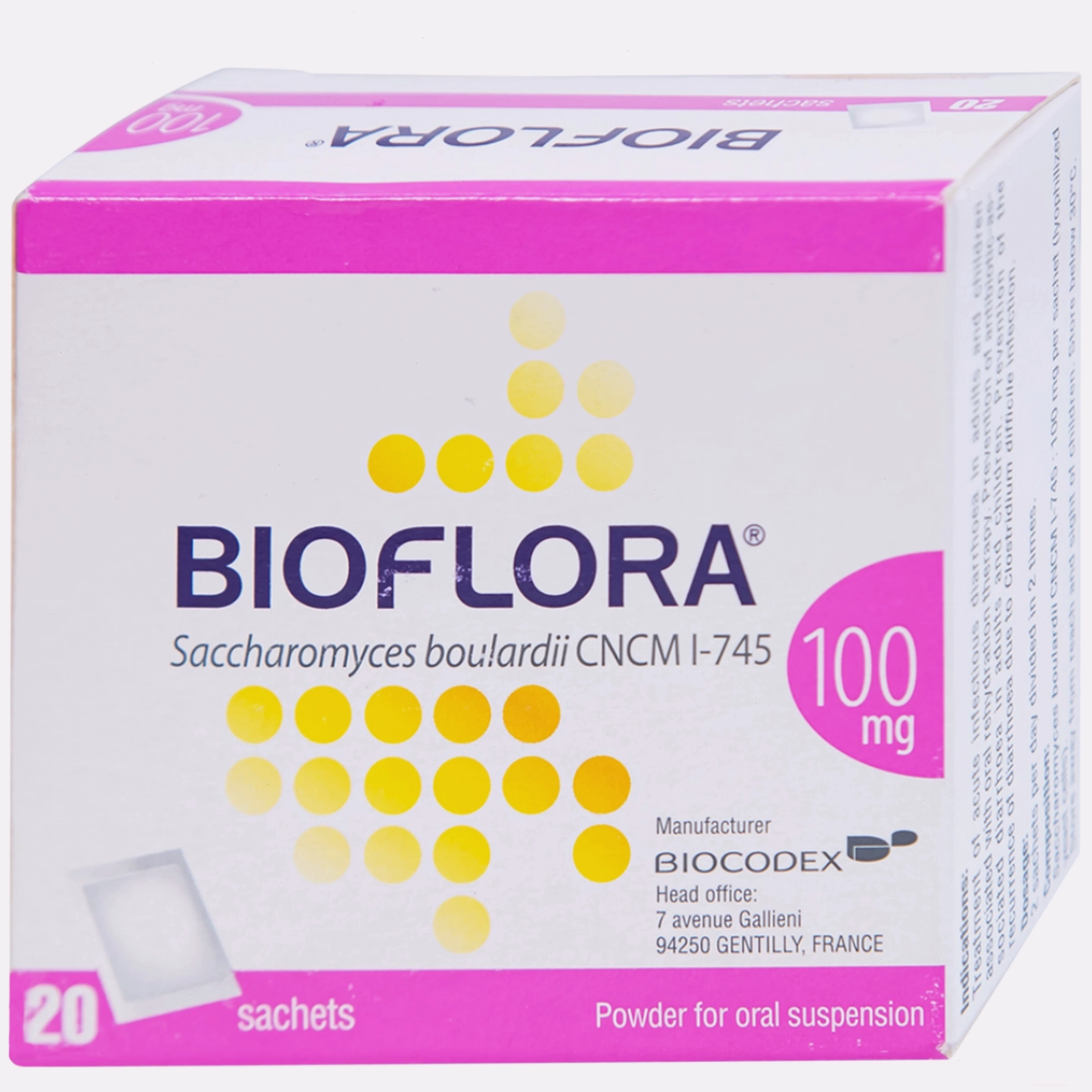 Cận cảnh hộp thuốc Bioflora 100mg 20 gói