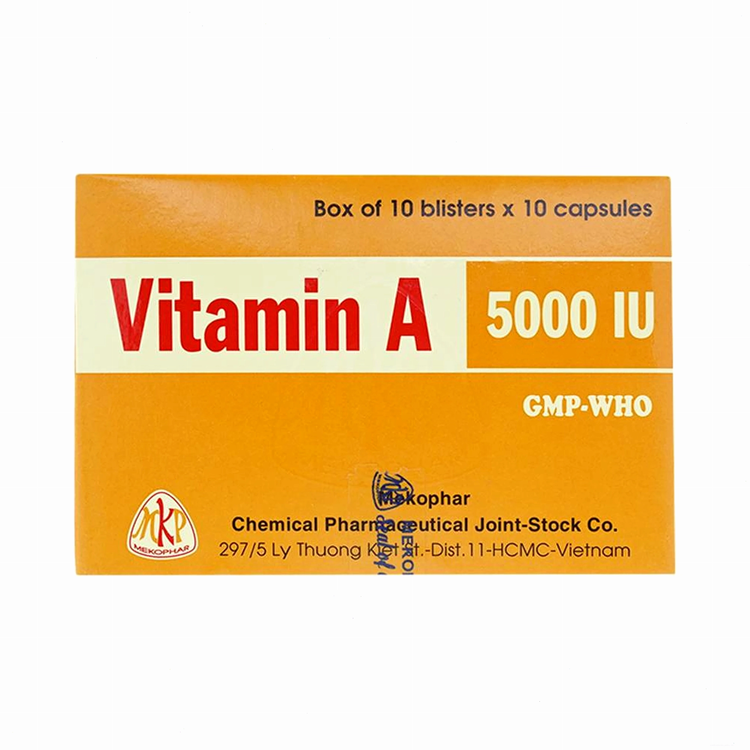 Cận cảnh hộp thuốc Vitamin A 5000 IU Mekophar.