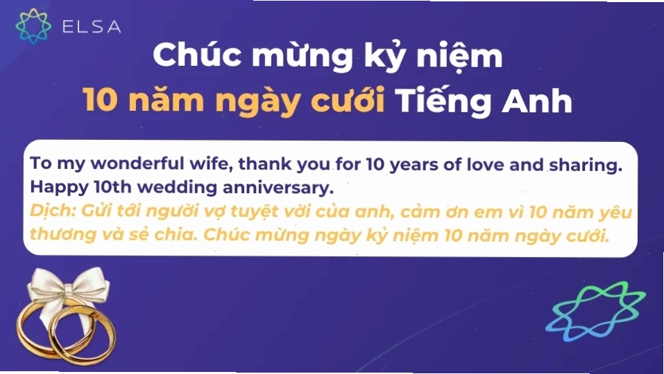 Câu chúc mừng kỷ niệm 10 năm ngày cưới tiếng Anh dành cho vợ/chồng