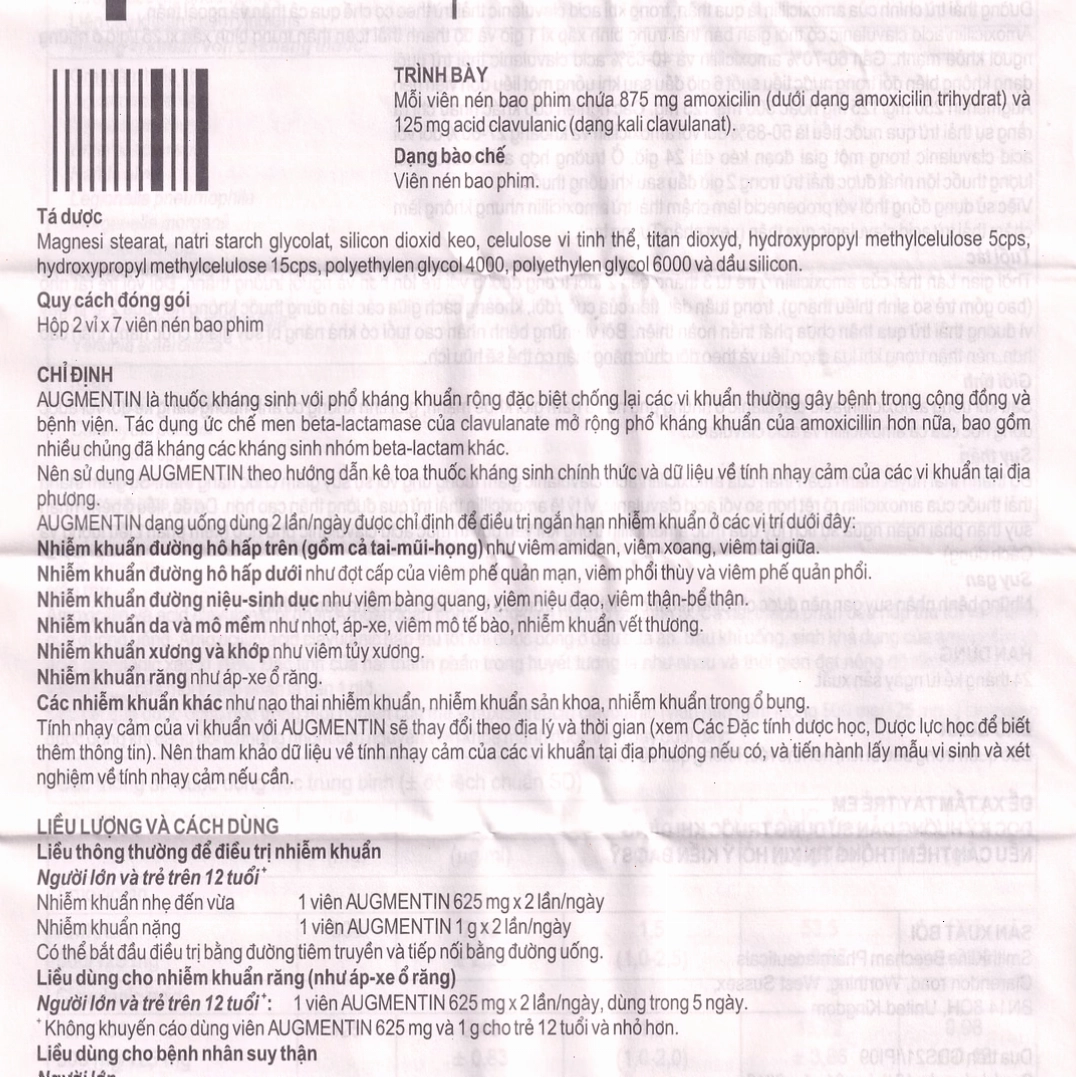 Chi tiết vỉ thuốc Augmentin 1g