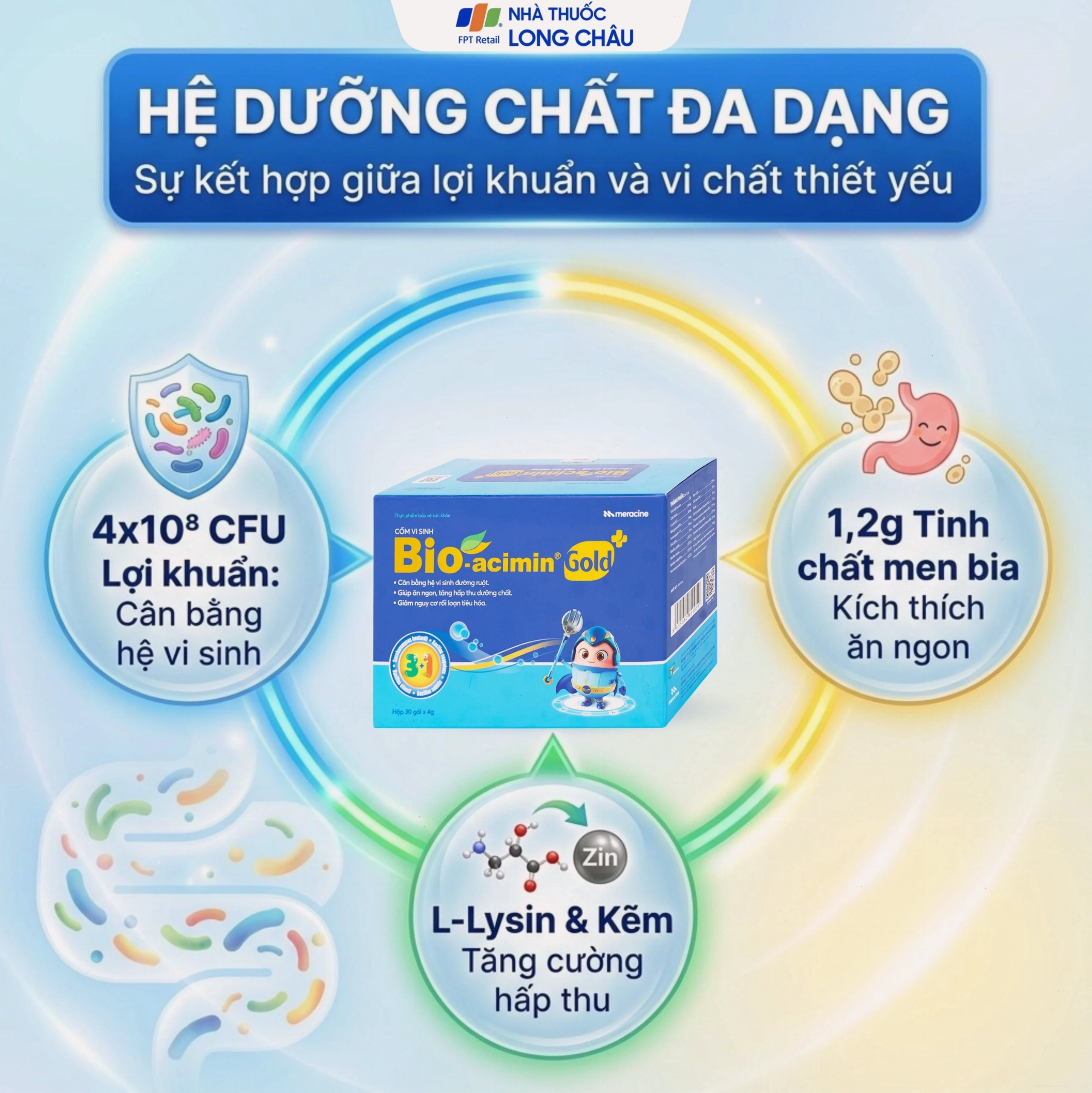 Cốm vi sinh Bio Acimin Gold Meracine hỗ trợ tiêu hóa hiệu quả