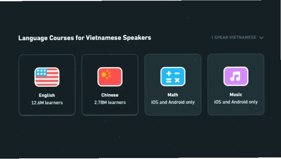 Giao diện chọn ngôn ngữ và mục tiêu học tập trên Duolingo