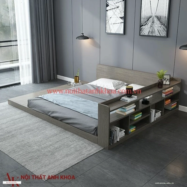 Giường ngủ bệt bằng gỗ MDF có kệ sách tiện dụng