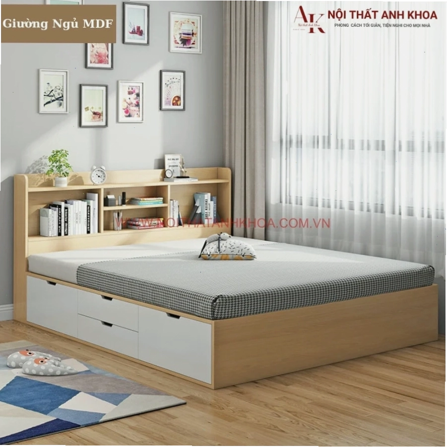 Giường ngủ gỗ công nghiệp hiện đại có tích hợp ngăn kéo tiện lợi