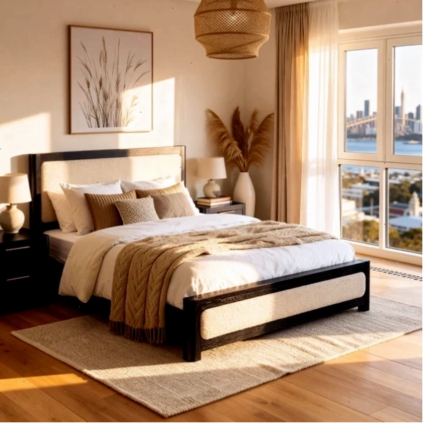 Giường ngủ Liverpool Pine màu đen với bộ drap trắng và caramel bên dưới đèn thả trần, cạnh cửa sổ nhìn ra vịnh