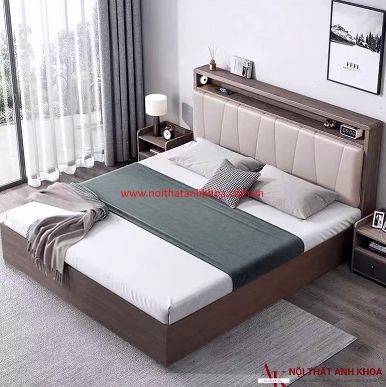 Giường ngủ MDF màu nâu có đầu kệ nệm, thiết kế đẹp và giá rẻ