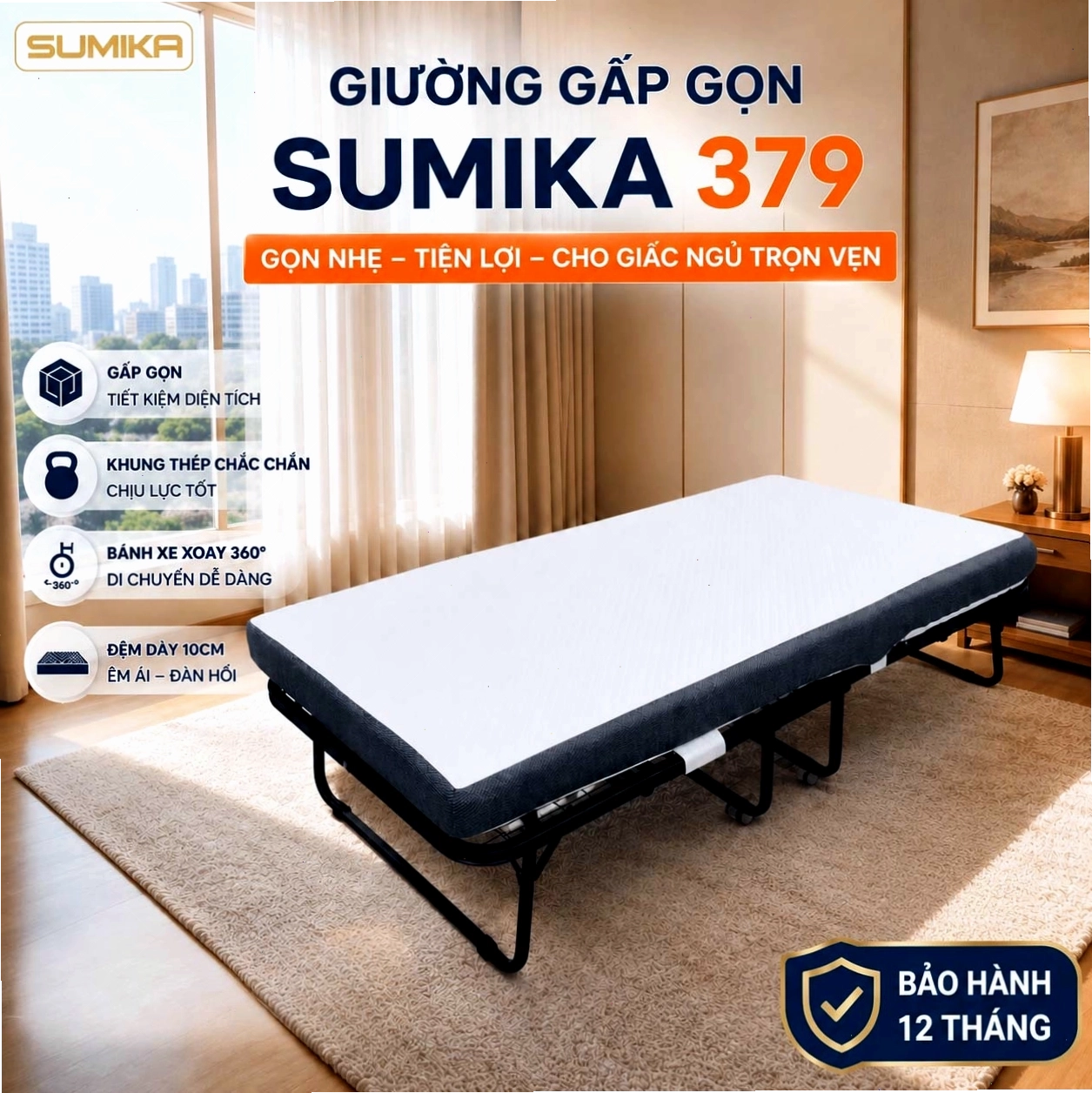 Giường xếp gấp gọn có nệm SUMIKA 379, rộng 80cm, thiết kế đơn giản, dễ sử dụng