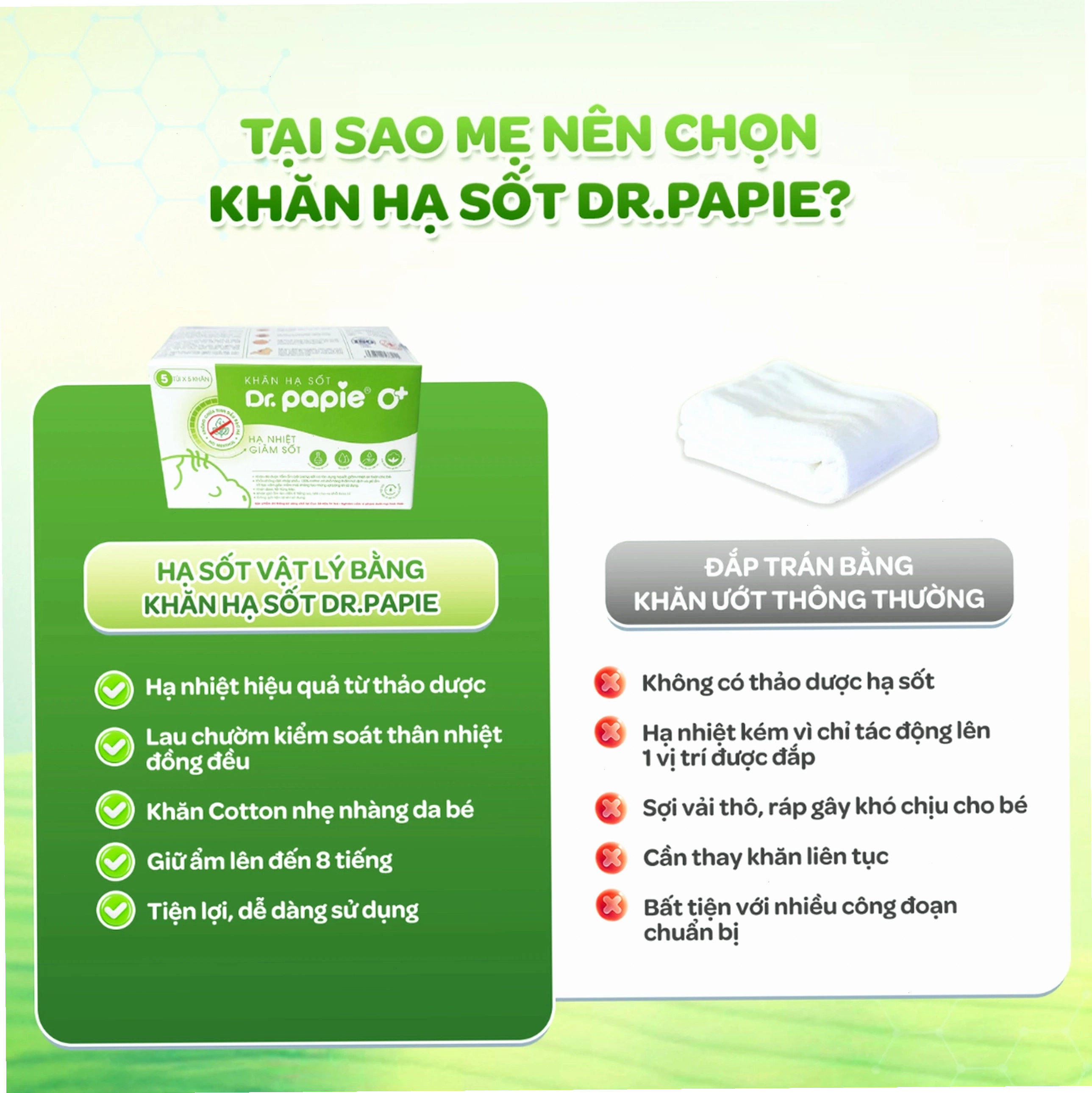 Hình ảnh cận cảnh khăn lau hạ sốt Dr.Papie 0+ đang được sử dụng để lau trán cho em bé