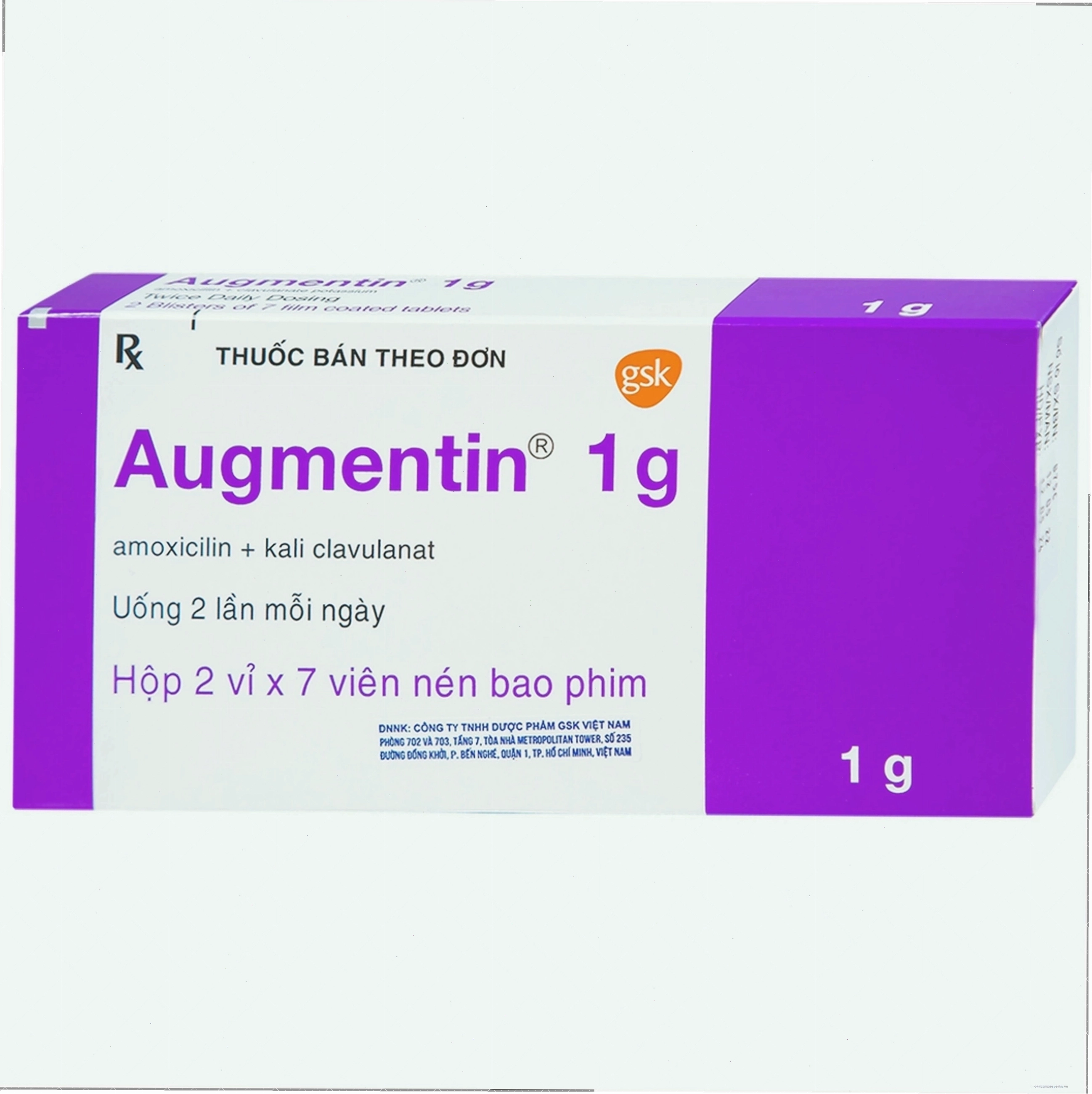 Hình ảnh hộp thuốc Augmentin 1g, nhấn mạnh về công dụng điều trị nhiễm khuẩn.