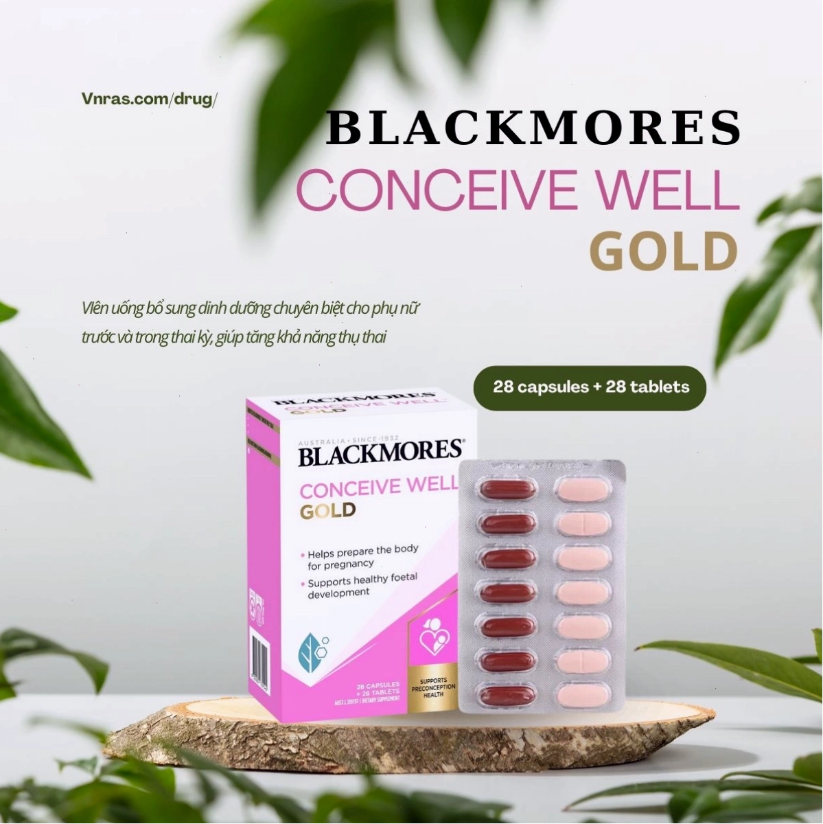 Hộp sản phẩm Blackmores Conceive Well Gold với thiết kế màu xanh dương đặc trưng