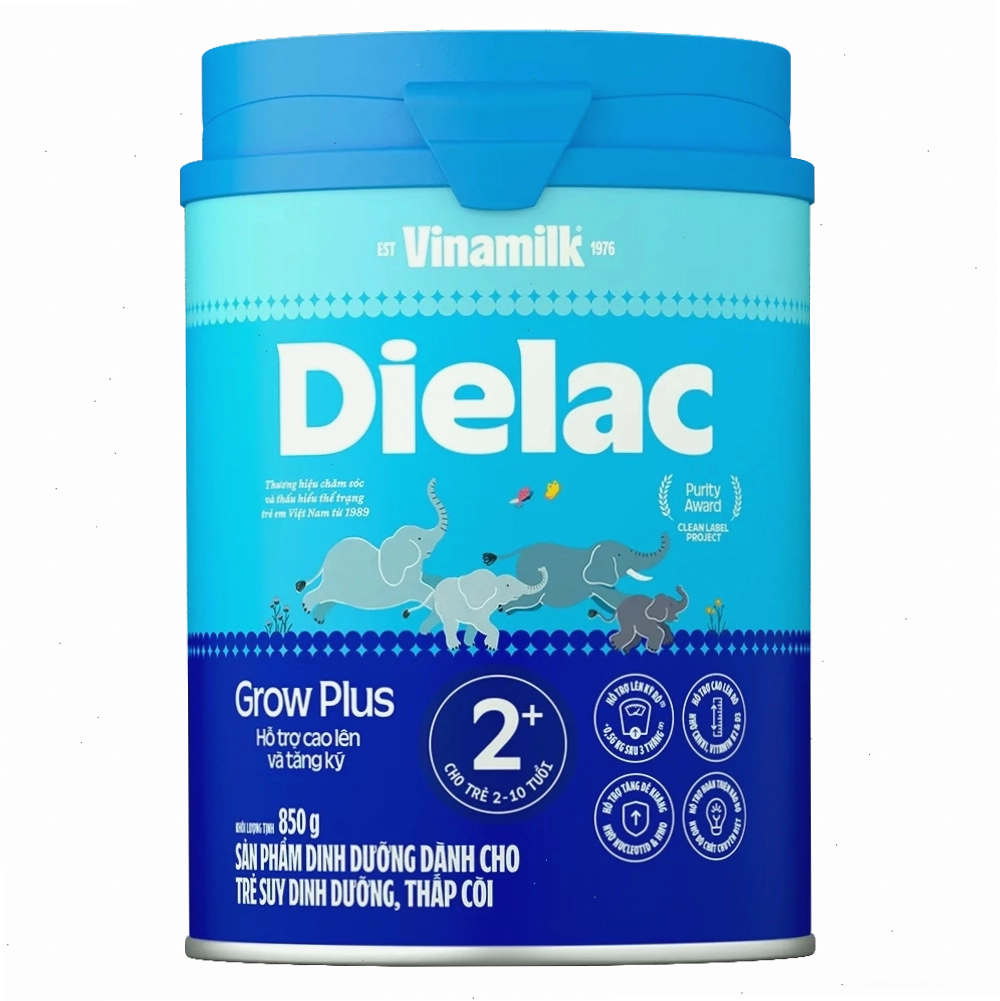 Hộp sữa Dielac Grow Plus với hình ảnh bé vui tươi, năng động