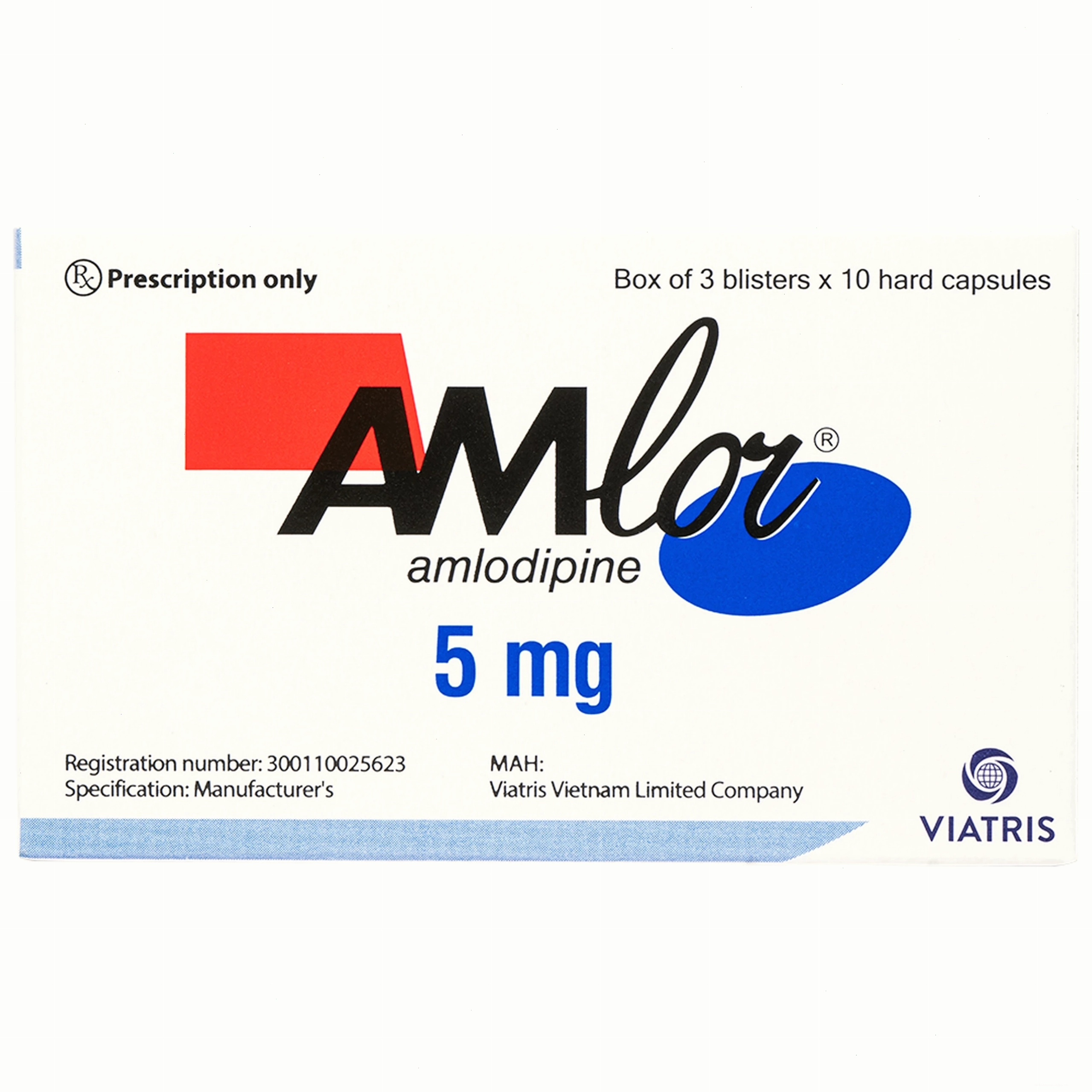 Hộp thuốc Amlor 5mg Viatris điều trị tăng huyết áp và đau thắt ngực