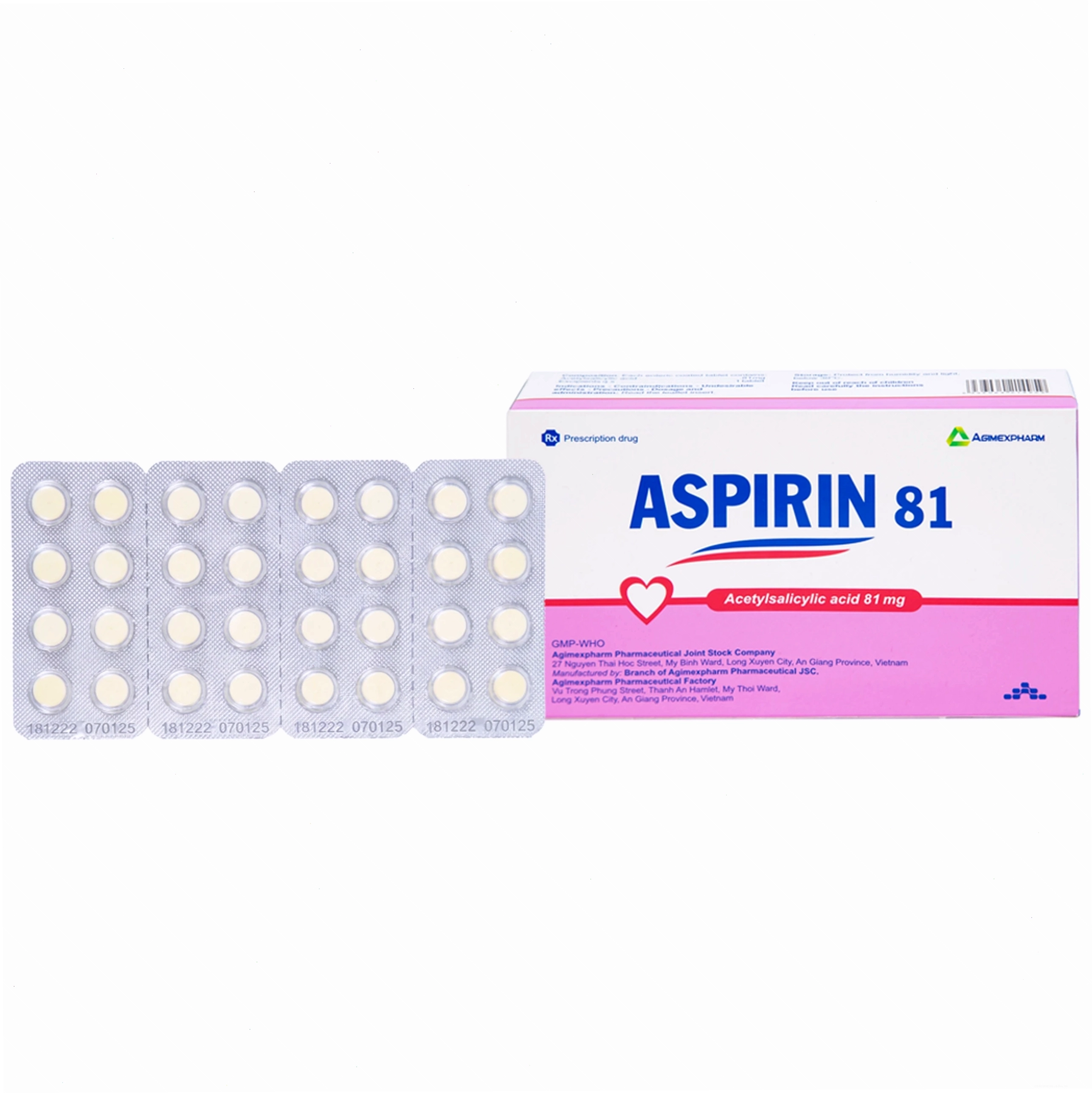 Hộp thuốc Aspirin 81 Agimexpharm 20 vỉ x 10 viên