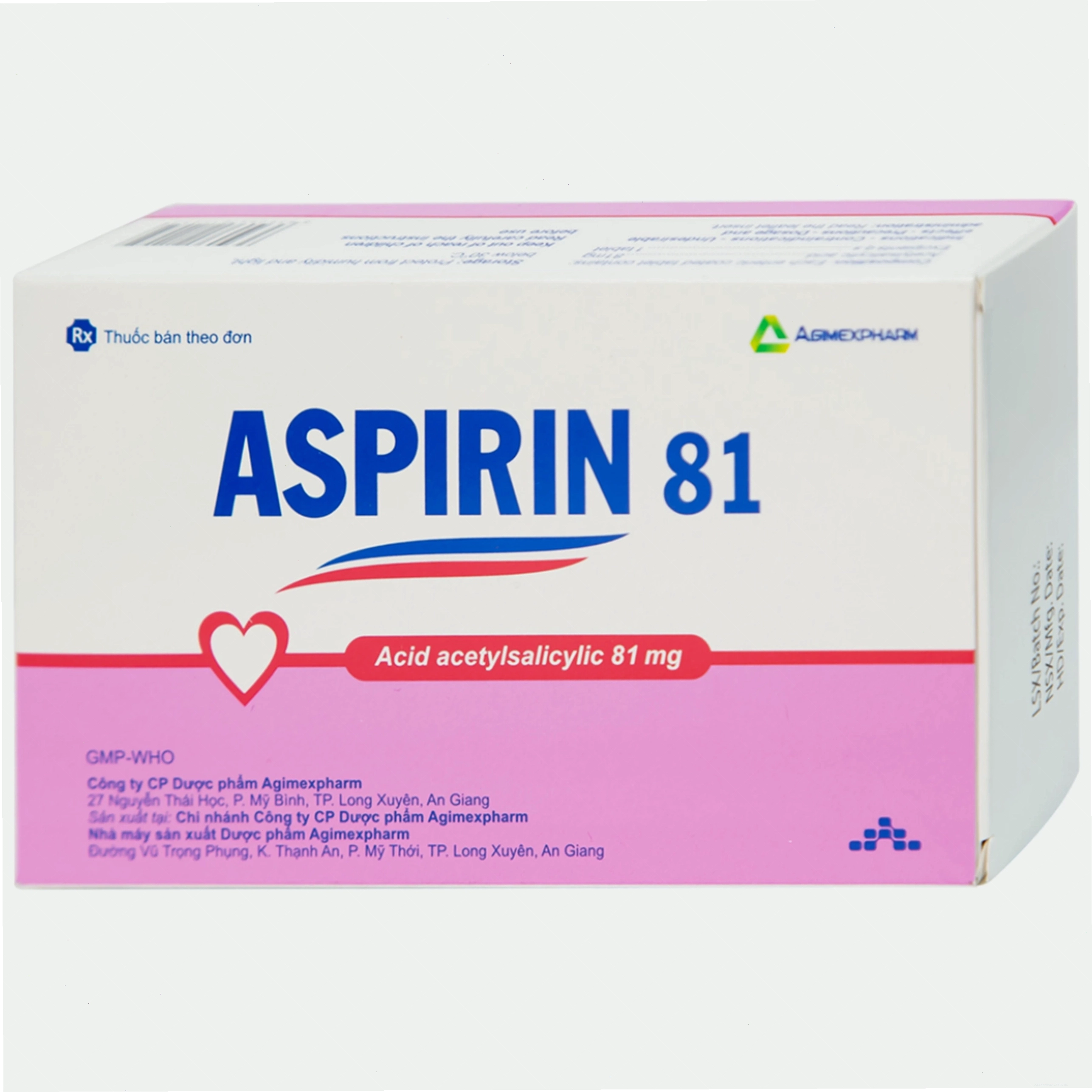Hộp thuốc Aspirin 81 Agimexpharm với bao bì chi tiết