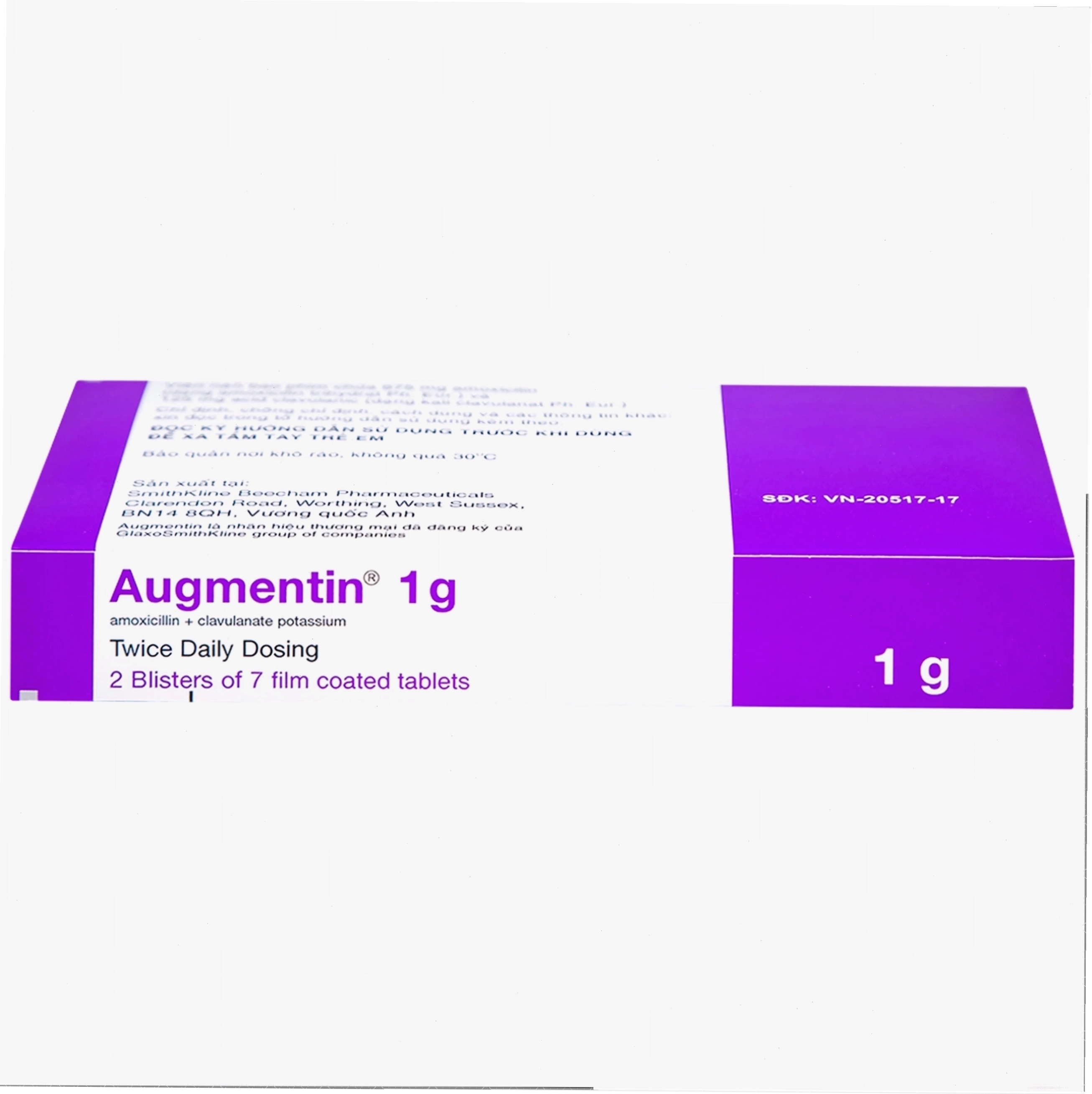 Hộp thuốc Augmentin 1g GSK, một loại kháng sinh hiệu quả điều trị nhiễm khuẩn.