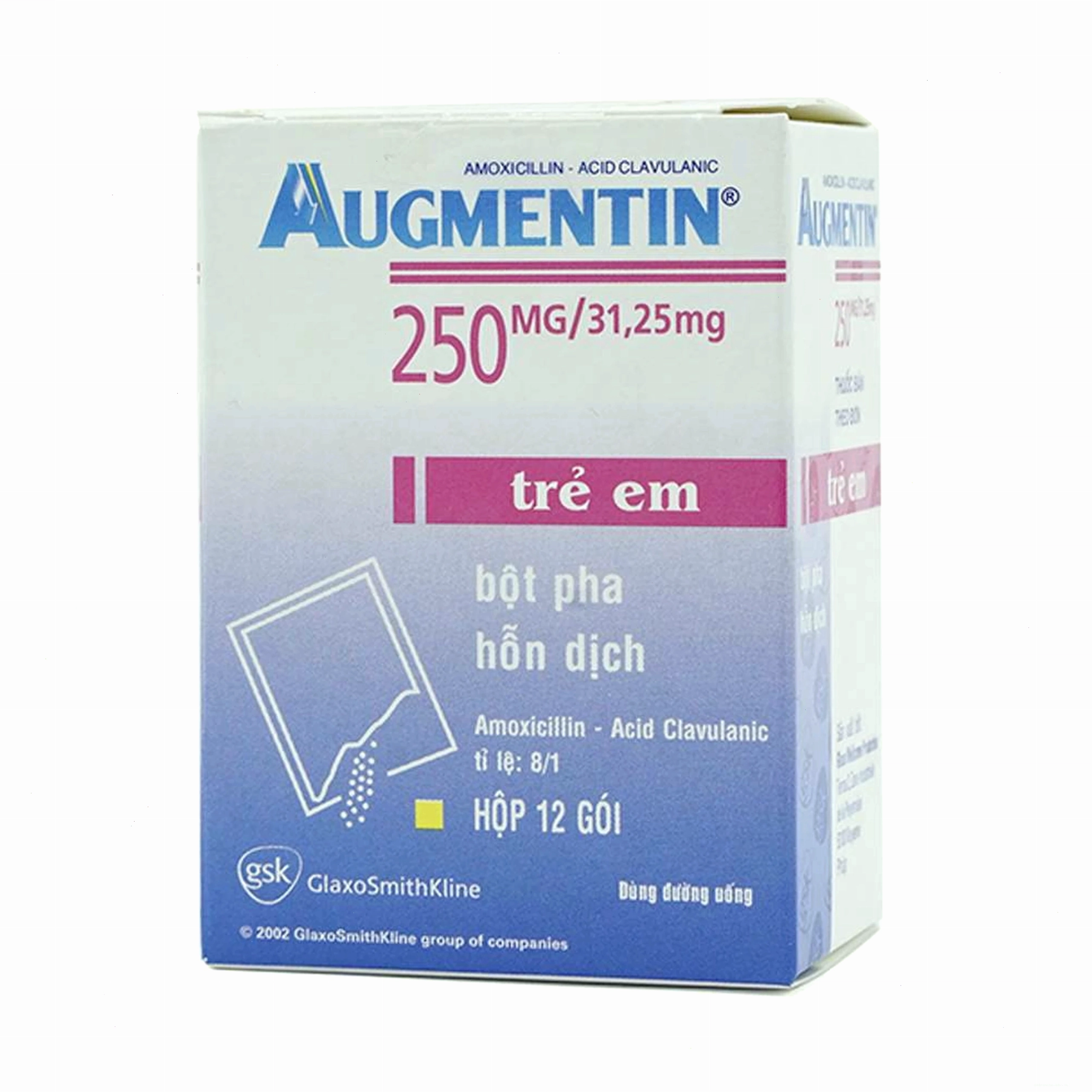 Hộp thuốc Augmentin 250mg/31.25mg GSK điều trị nhiễm khuẩn (12 gói)