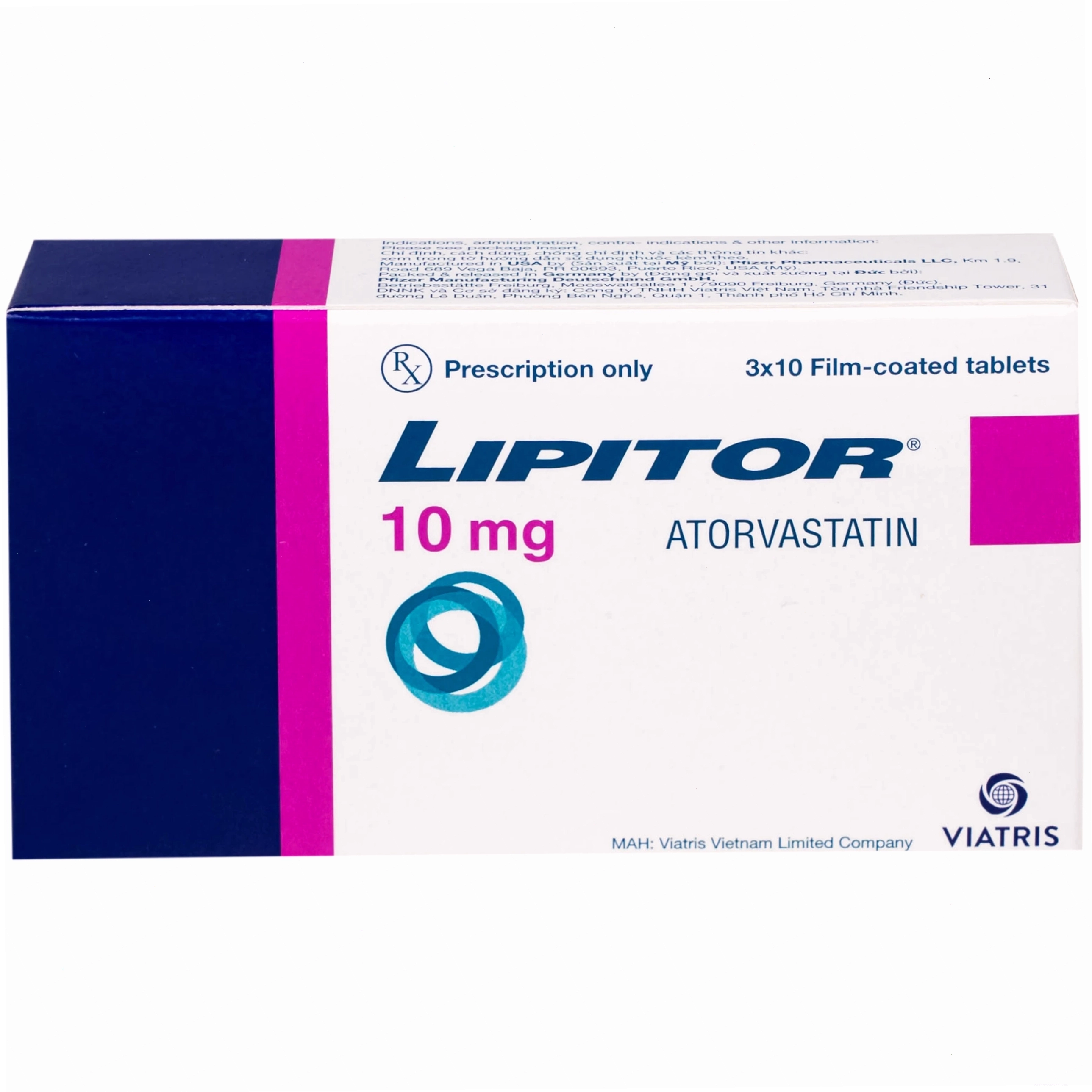 Hộp thuốc Lipitor 10mg Viatris điều trị tăng cholesterol toàn phần