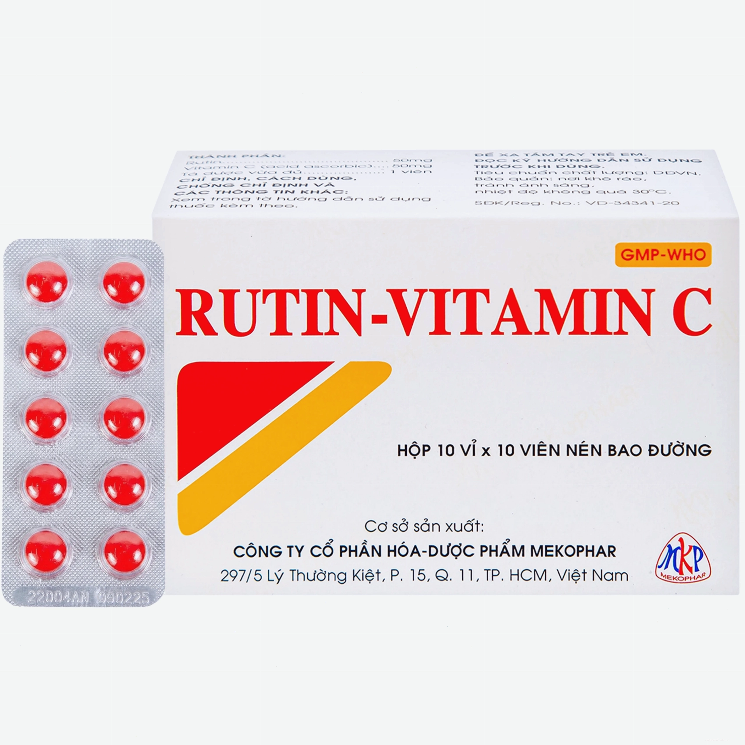 Hộp thuốc Rutin-Vitamin C Mekophar 10 vỉ x 10 viên