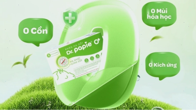 Khăn hạ sốt Dr.Papie 0+ với bao bì sản phẩm màu xanh dương và trắng