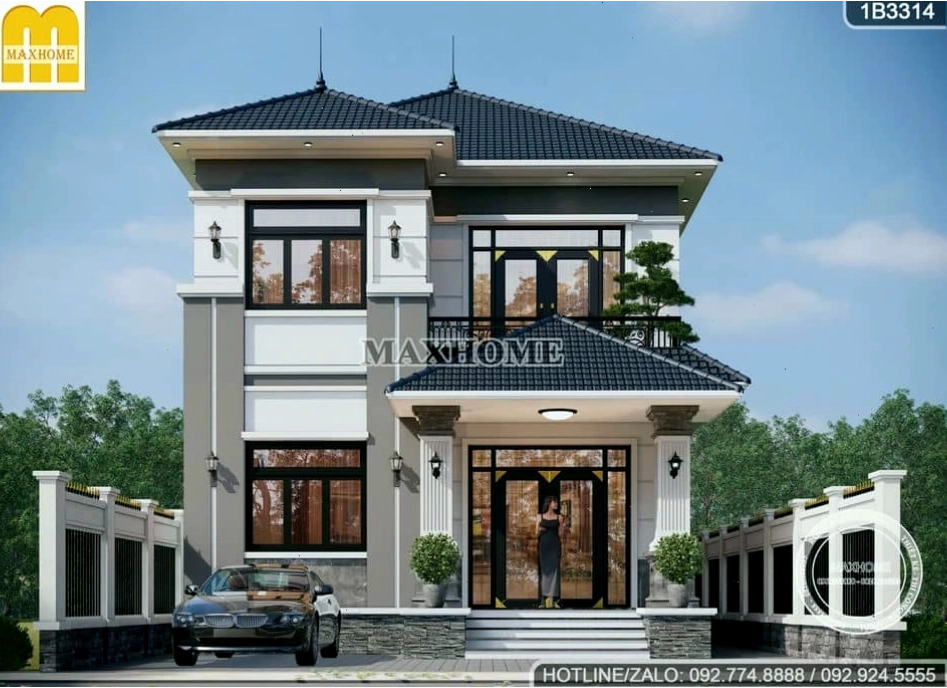 Mẫu nhà 2 tầng mái Nhật với thiết kế ban công và cửa sổ ấn tượng
