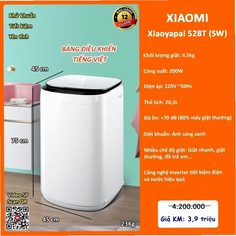Máy giặt mini Xiaomi Xiaoyapai 528T màu trắng thanh lịch