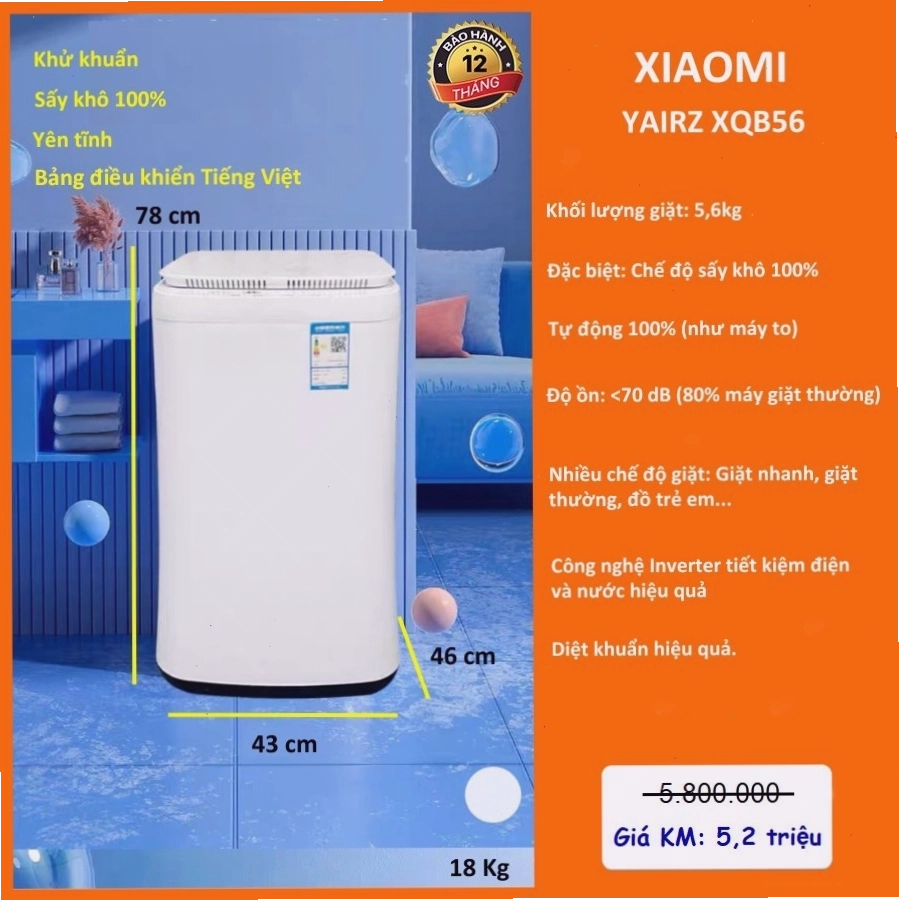 Máy giặt mini Xiaomi Yairz XQB56 với khối lượng giặt lớn hơn