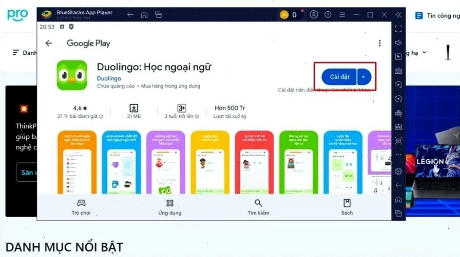 Sau khi đăng nhập tài khoản Gmail vào CH Play, tìm Duolingo và tải xuống