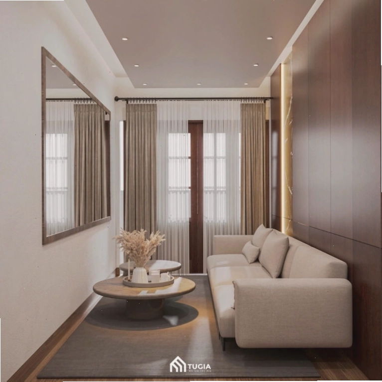 Thiết kế nội thất phòng khách nhà phố phong cách hiện đại với bảng màu trung tính
