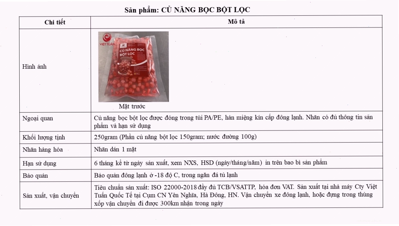 Trình bày sản phẩm củ năng bọc bột lọc Việt Tuấn