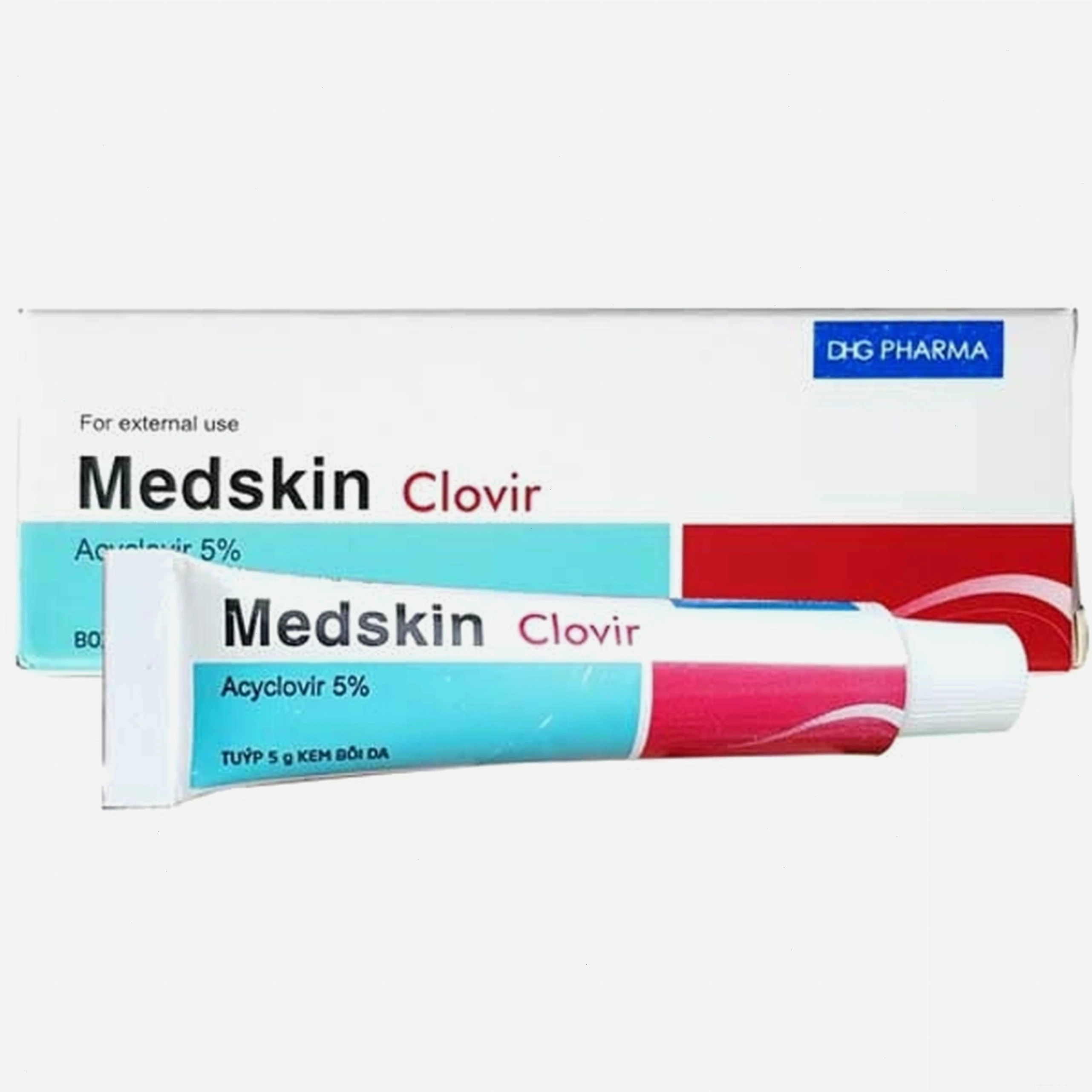 Tuýp kem bôi da Medskin Clovir 5% với bao bì màu trắng và xanh dương đặc trưng