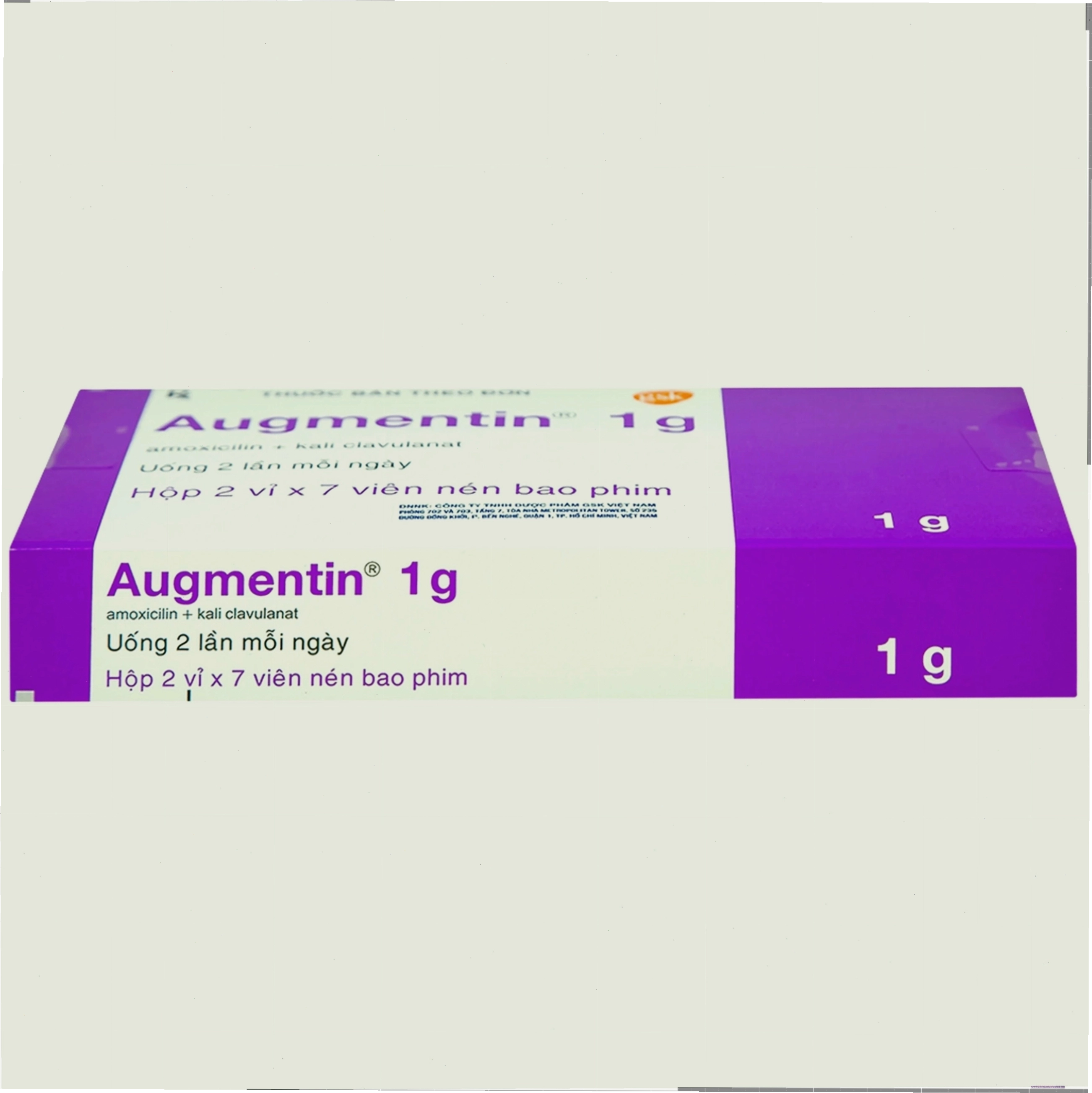 Vỉ thuốc Augmentin 1g, cho thấy các viên nén kháng sinh dùng trong điều trị nhiễm khuẩn.